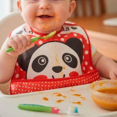 Imagem de Babador Infantil Love Panda Silicone Impermeável com Bolso Coletor Aju