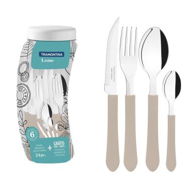 Imagem de Faqueiro Tramontina Leme com Lâminas em Aço Inox e Cabos de Polipropileno Cinza com Pote Plástico 24 Peças Tramontina