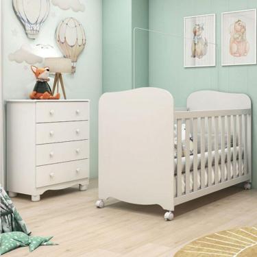 Imagem de Quarto de Bebê Completo com 1 Berço Americano Uli 1 Cômoda 4 Gavetas Junior Móveis Peroba Branco