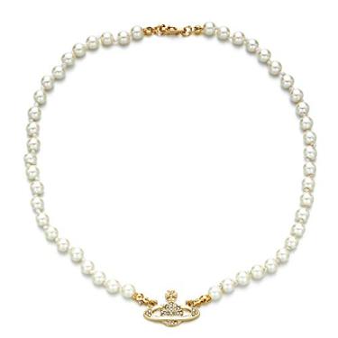 Imagem de Colar de pérolas de Saturno, pingente de diamante de água de cristal branco artificial, moderno, moderno, corrente de clavícula, namorada, aniversário da mãe, Metal, coquetel-settingo