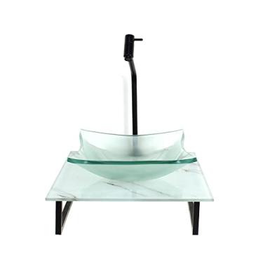 Imagem de KIT CUBA DE VIDRO QUADRADA 10MM INCOLOR COM TAMPO DE VIDRO 40CM X 40CM MÁRMORE BRANCO E SUPORTE PRETO