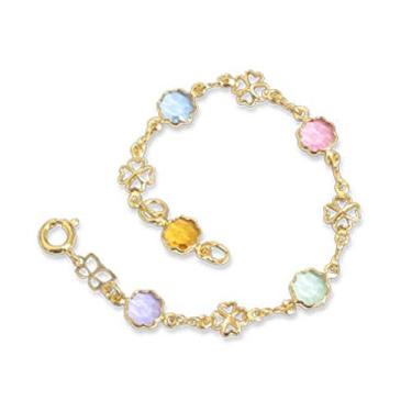 Imagem de Pulseira infantil Rommanel folheada a ouro com flores e trevo coloridas .med 14 cm
