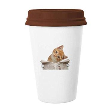 Imagem de Jornal de estimação de gato lê art deco, presente moderno caneca de café bebendo vidro cerâmica copo tampa