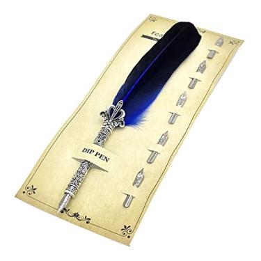 Imagem de Grey990 Caneta tinteiro vintage Feather Dip com ponta média, escrita suave, caligrafia e escriba, materiais de escritório, azul safira
