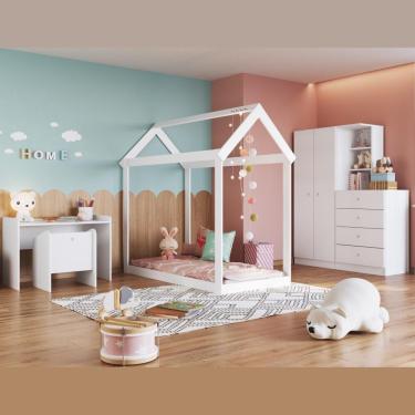 Imagem de Kit Conjunto Quarto Infantil Cama Montessoriana Guarda Roupa Gaveteiro Mesa e Poltrona Quarto Branco