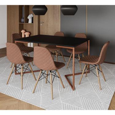 Imagem de Mesa Industrial Retangular Preta Base V Cobre 137x90cm 6 Cadeiras Estofadas Eames Caramelo Madeira 