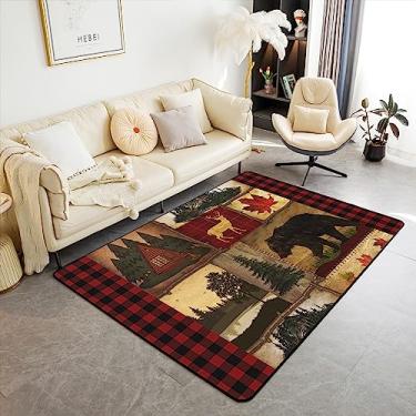 Imagem de Bear Cabin Tapete de área xadrez 12 x 17 cm para dormitório doméstico, tapetes rústicos de sala de estar, tapete retrô de caça de cervo, tapete de chão de pinheiro da floresta rural, tapete decorativo de cabana de folha de bordo, vermelho preto marrom