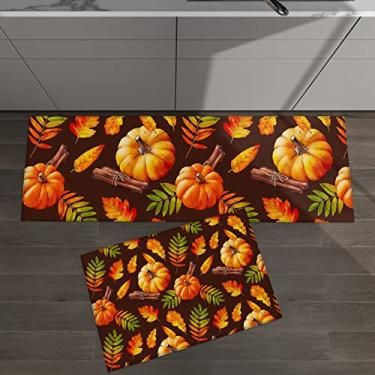 Imagem de Conjunto de 2 tapetes de cozinha folhas de abóbora outono ação de graças aquarela laranja marrom para tapetes acolchoados no chão tapetes antiderrapantes absorventes corredor confortável tapete de pé