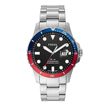 Imagem de Fossil Relógio masculino FB-01 de aço inoxidável inspirado em mergulho casual de quartzo, Prata/azul/vermelho, One Size, Relógio de mergulhador, mergulho