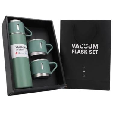 Imagem de Conjunto Frascos a Vácuo em Aço Inox, Garrafa 500ml, Embalagem Presente, Fit para Café, Chá Térmica Squeeze com 2 Canecas (Verde)