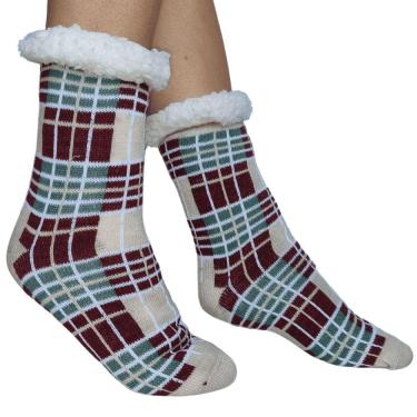 Imagem de Meia Térmica Adulto Antiderrapante Xadrez e Lã Fofinha