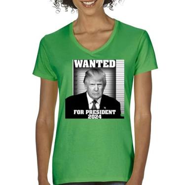 Imagem de Camiseta feminina com gola V Donald Trump Wanted for President 2024 Mugshot MAGA America First Republican Conservative FJB Tee, Verde, P
