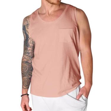 Imagem de Runcati Camiseta regata masculina sem manga gola redonda de algodão com bolso muscular, rosa, XXG