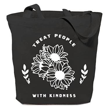 Imagem de SAUIVD Treat People With Kindness Sacolas de lona de presente, girassol, algodão, sacolas de compras, reutilizáveis, laváveis, Preto, One Size