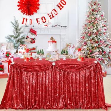 Imagem de Saia de mesa de 4,3 m vermelha de Natal para mesa retangular quadrada redonda toalha de mesa de lantejoulas para decoração de festa de casamento e aniversário