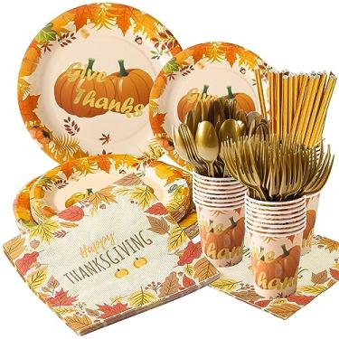 Imagem de 192 peças de pratos descartáveis para festa de Ação de Graças, 24 pratos de papel, copos, canudos, guardanapos, facas, garfos e colheres, conjuntos de louça para 24 convidados com design de folhas de