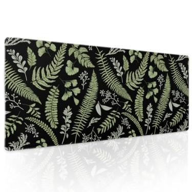 Imagem de Tapete de rato com flores e plantas verdes pretas XL samambaia tropical folhas botânicas tapete de mesa estendido 80 x 30 cm base de borracha antiderrapante borda costurada grande XL Mousepad para