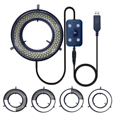 Imagem de UPWTKIM Anel iluminador de LED com luz de microscópio, USB 144 LEDs com 4 zonas de iluminação ajustáveis para câmera de microscópio estéreo trinocular binocular digital industrial