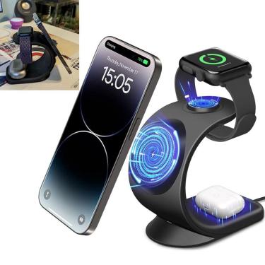 Imagem de Carregador Induçao Rapido 3 Em 1 Carrega Celular Fone Relogio Wireless Carregamento Rapido Magnetico 15W Mesa Escrivania Balcao Escritorio Casa