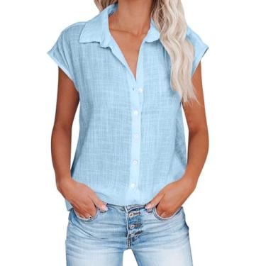 Imagem de Camiseta feminina de verão, de linho, cor lisa, manga curta, caimento solto, gola V, abotoada, túnica, Azul claro, XXG