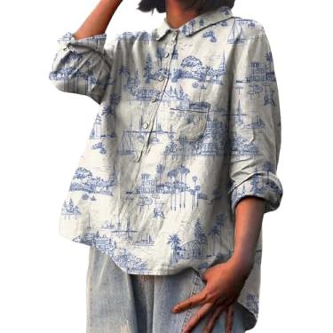 Imagem de Camiseta feminina de linho estampada com estampa de flores e gola de lapela e manga comprida solta, Azul, G
