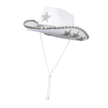 Imagem de rockible Chapéu de cowboy, chapéu de cowgirl com alça de queixo ajustável, chapéu de festa, chapéu de jazz para mulheres de acampamento, branco