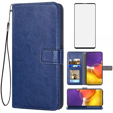 Imagem de Asuwish Compatível com Samsung Galaxy A82 5G/Quantum 2 Capa carteira de vidro temperado e capa flip de couro com suporte para cartão capas para celular para Glaxay A 82 G5 Gaxaly 82A S82 azul