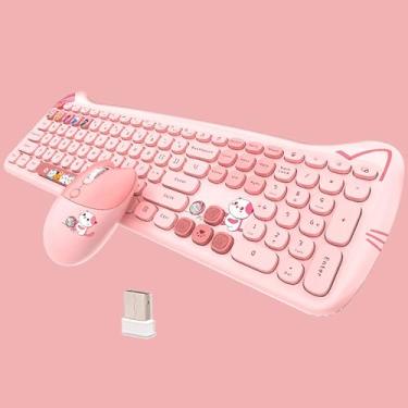 Imagem de Cute Cat Combo teclado e mouse sem fio USB 2,4 G, teclas silenciosas, cores doces, compatível com notebook, PC (rosa - 110 teclas)