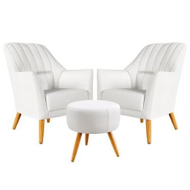 Imagem de Kit 2 Poltronas Estofada Orion Bordada com Puff Solar Couro Branco Ara