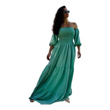 Imagem de Vestido Longo Ciganinha com Lastex Ombro a Ombro Manga Fofa Liso - Din