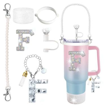 Imagem de Stanley Cup Accessories 850.5 g 1,134 g Glitter Silver, capa de canudo de diamante, pingente de letra, adesivo de letra, bota de silicone, suporte com alça incluído para copo Stanley