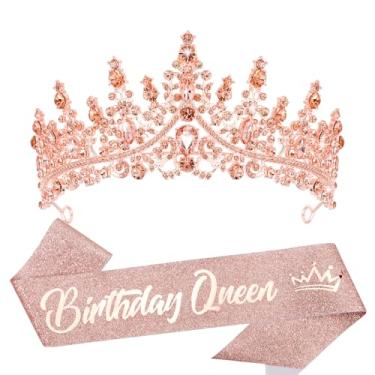 Imagem de VELSCRUN Tiara de aniversário rainha coroas para mulheres meninas ouro rosa cristal aniversário rainha faixa elegante coroa princesa decoração festa feliz nascimento mãe irmãs presente de nascimento