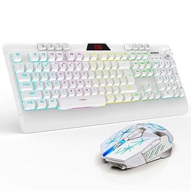 Imagem de KBMSCITH Combo de teclado e mouse para jogos sem fio H8, bateria recarregável de 3800 mAh com retroiluminação LED, teclado anti-fantasma com toque mecânico com descanso de pulso + mouse 7D 3200DPI