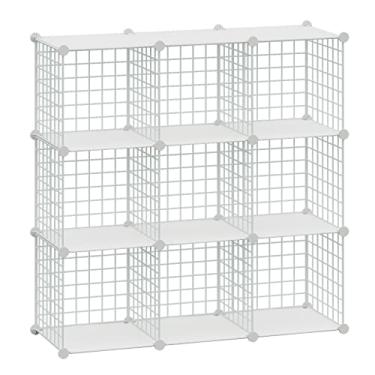 Imagem de HUBSON Organizador de armazenamento de cubo de arame, prateleira de armazenamento de grade de metal com 9 cubos, armário de armário, estante de plástico faça você mesmo, armário modular para quarto,
