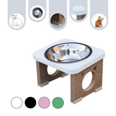 Imagem de Comedouro Gato Pet MDF Elevado Colors Branco - Inox - Maderacco