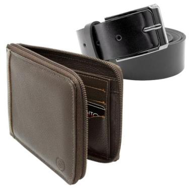 Imagem de Carteira Masculina Zíper Couro Legítimo Genuíno + Cinto Masculino Cour