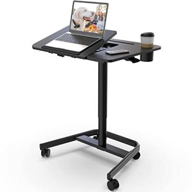 Imagem de JOY worker Mesa de pé móvel, mesa ajustável em altura pneumática, mesa de laptop dobrável de 60°, mesa portátil com suporte de copo de rodas para sofá de cama Hospital, suporta até 10 kg, preto