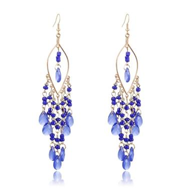 Imagem de T-ztoss Brinco de borla com contas de cristal para mulheres, brincos falsos longos com contas, brincos de franja, joias de Natal para noivas e casamentos, Metal