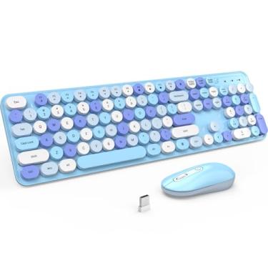 Imagem de LIZRROT Teclado e mouse sem fio, combo de teclado silencioso, teclado de máquina de escrever colorido de tamanho completo com teclas redondas, mouse fofo de 2,4 G compatível com PC/laptop/computador