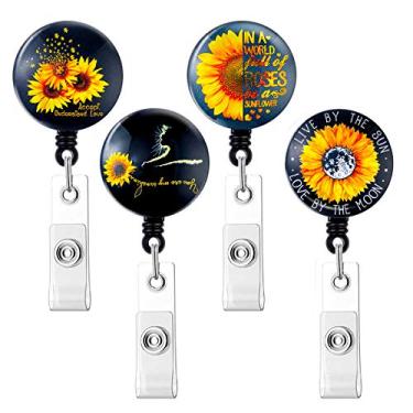 Imagem de 【 Mais recente 2021 】 Bobinas retráteis para crachá de identificação com clipe jacaré, suporte de cartão bonito WoEluone para enfermeiras, médicos, escritório, girassol, pacote com 4