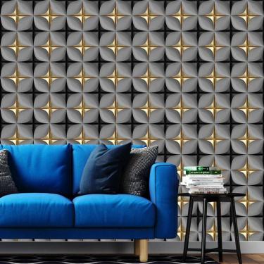 Imagem de Papel Parede 3D Preto Cinza Dourado Geometrico Autocolante