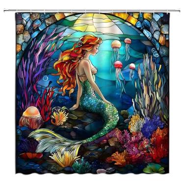 Imagem de JIRGIXA Cortina de chuveiro sereia de vidro manchado mundo subaquático colorido coral vintage sereia moderna arte abstrata tecido retrô decoração de banheiro cortina com ganchos, 187 cm L x 180 cm A