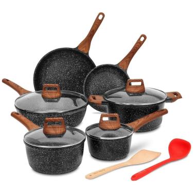 Imagem de Conjunto de Panelas Antiaderente Compatível com Indução, 12 Peças, ESLITE LIFE ES Sets1612, Preto