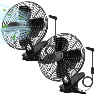 Imagem de Tujoe Conjunto de 2 ventoinhas portáteis de 20 cm, ventoinha de refrigeração RV de 12 V com interruptor e clipe de 2 velocidades, resfriamento de acendedor de cigarro, ventilador de metal giratório