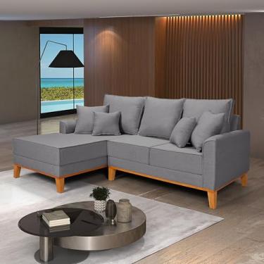 Imagem de Sofá Living Beny Chaise 3 Lugares Linho Pés e Base de Madeira (Cinza Claro)