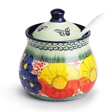 Imagem de silesia Açucareiro feito à mão com tampa e colher, pote de açúcar de cerâmica pintado à mão de 255 g para casa em caixa de presente, decoração de cozinha, forno, lava-louças e micro-ondas, verde