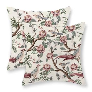 Imagem de GOLIANDA Chinoiserie Capas de travesseiro 45,7 x 45,7 cm, conjunto de 2 almofadas florais de pássaro verde rosa vintage flores decorativas chinoiserie decoração fazenda ao ar livre capa de almofada