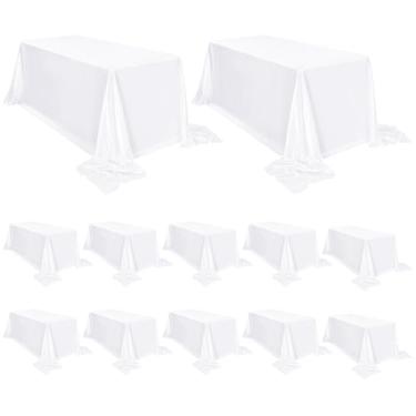Imagem de FXKS Pacote com 12 toalhas de mesa de cetim 227 x 380 cm toalhas de mesa brancas retangulares de cetim sedoso, toalha de mesa lisa de seda brilhante, sobreposição de toalha de mesa para festa de