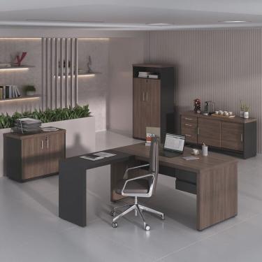 Imagem de Kit 4 Peças com Mesa para Escritório Diretor em l, Armário Multiuso Alto, Armário Baixo e