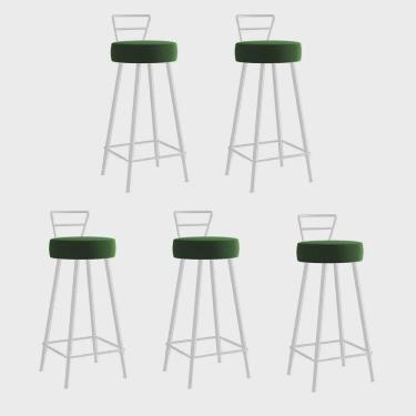 Imagem de Kit 05 Banqueta Alta Com Encosto Tina Eiffel Cozinha Bar Bistrô Ferro Branco Suede Verde Musgo - Ahz Móveis